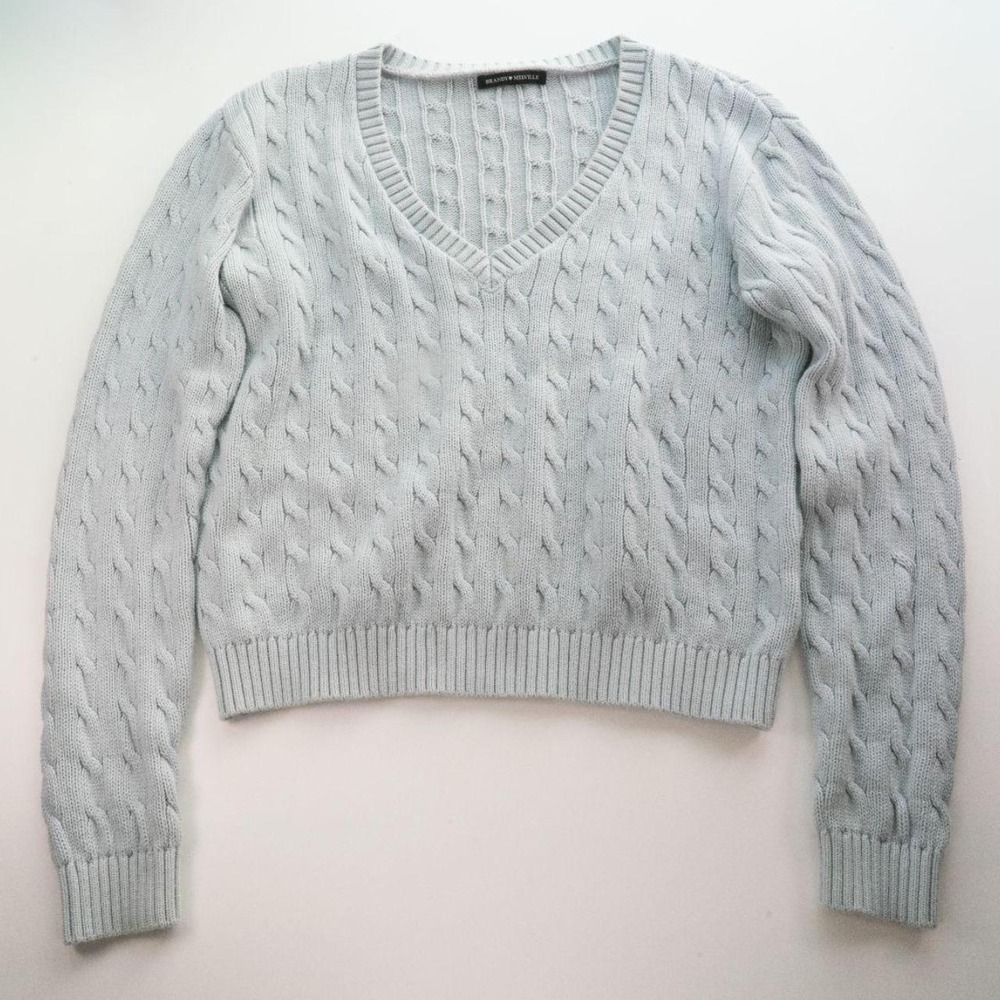 John Galt Brandy Melville Light Blue Cable Knit V-Neck Sweater Long Sleeve